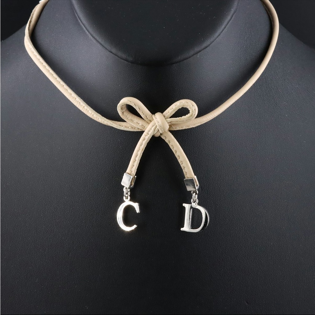 Beige Bow Choker Necklace With Silver Initial Charms 200$